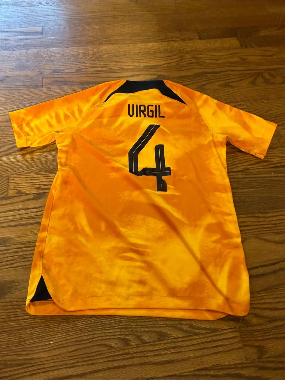 Nike Kids Netherlands Yellow-Orange Soccer Jersey with Black Accents Size Medium